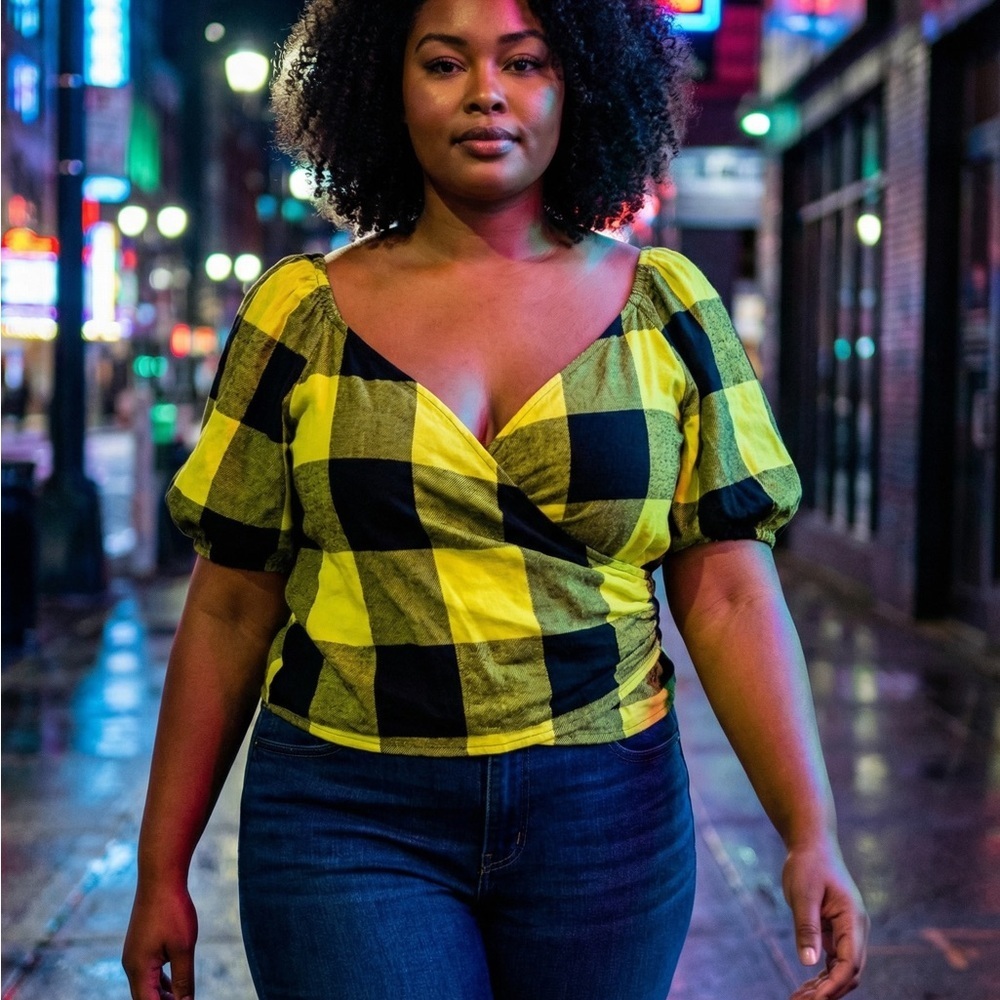 Wildfang Checkered Blouse - Black and Yellow